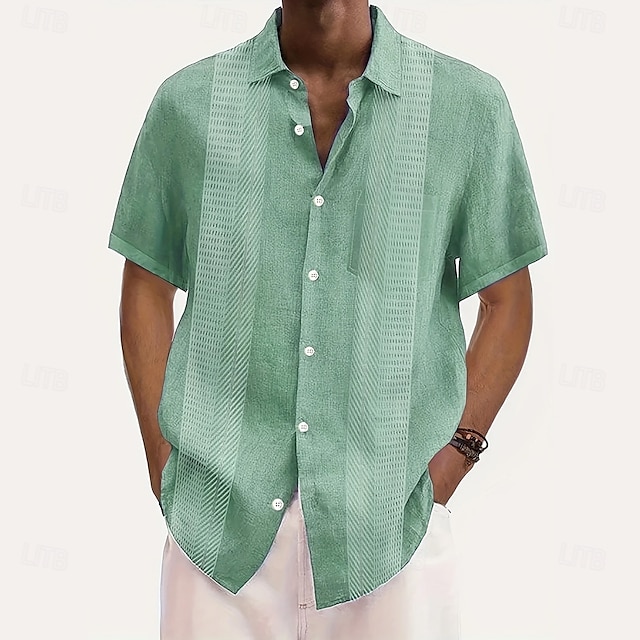  Men's Geometric Line Shirt Casual Shirt Button Up Shirt Short Sleeve Fashion Casual Vacation Holiday Streetwear Summer Turndown 3D Print Front One Pocket Linen Like Shirt Blue Purple Green