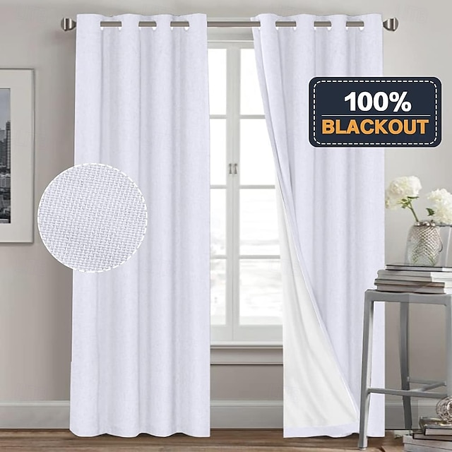  Cortinas de Textura de Linho para Quarto Sólido 100% Blackout Térmica Isolada com Forro Branco Cortinas/Dráperes Escurecedoras para Sala de Estar Berçário 2 Peças L52 x A84
