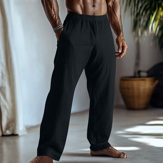  Homens Calças de linho Calças Calça verão Calças largas Cintura elástica Perna reta Tecido Conforto Respirável Comprimento total Casa Ioga Diário Moda Estilo Clássico Preto Verde Claro