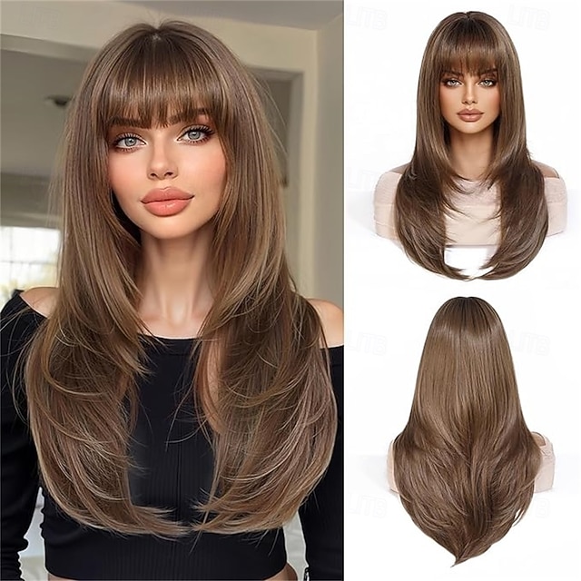  Perucas longas e retas de cobre para mulheres, perucas de cabelo sintético natural ombré com franja para uso diário em festas