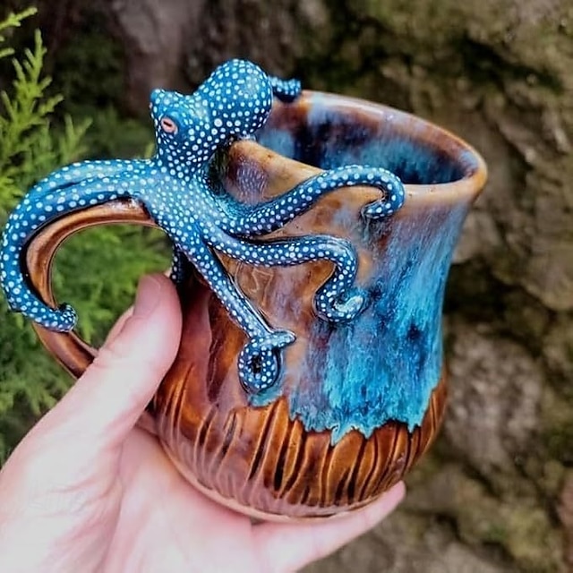  Tazza a forma di polpo blu intenso, tazza da caffè in resina con design a tentacolo 3D, stoviglie a tema nautico, regalo unico per gli amanti dell'oceano &arredamento per la casa