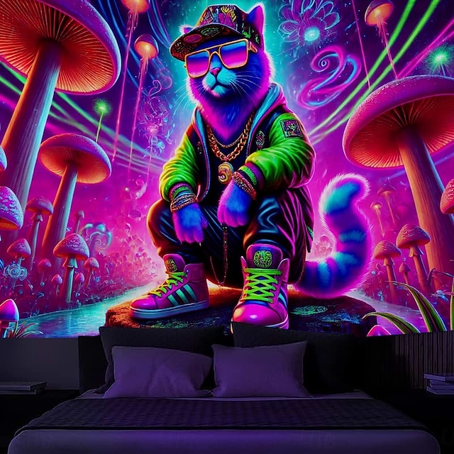  Tenture lumineuse sous lumière noire glow in the dark fête luminescente réactive aux UV motif de chat de rue paysage naturel brumeux trippant œuvre d'art murale pour salon chambre
