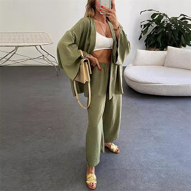  Femmes Mode Streetwear Ensembles en coton et lin Ensembles deux pièces Ensembles de Pantalons Manche Courte Col en V Uni Tenue quotidienne Date Noir Vert Kaki Été Coupe régulière
