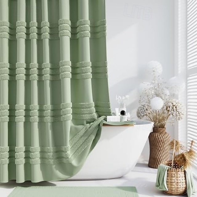  Rideau de douche en tissu blanc avec crochets tissu à rayures en chenille pour salle de bain ensemble de rideaux de douche imperméables shabby chic moderne de style farmhouse lavable en machine