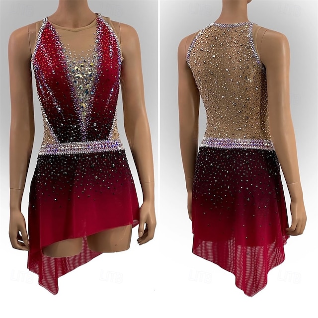  Eiskunstlaufkleid Damen Mädchen Eislaufen Kleid Schwarz Rrot Patchwork Asymmetrischer Saum Netzstoff Hohe Elastizität Training Wettbewerb Eiskunstlaufkleidung Klassisch Kristall / Strass Ärmellos