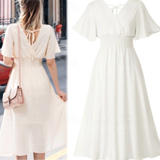  Dames Halflange jurk Cocktail jurk Bruiloft gast jurk Chiffon jurk Modieus Modern Vakantie Teaparty Weekend Normale pasvorm Effen Korte mouw V-hals Zwart Wit Blozend Roze Abrikoos Zomer