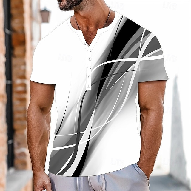  Men's Geometric Pattern Abstract T Shirt Henley Shirt Short Sleeve Sports Fashion Designer Outdoor Street Casual Summer All Seasons Grey Green Henley Henley T-Shirt