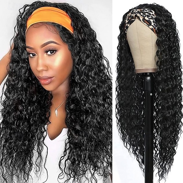  Peruca de cabelo humano com faixa de cabeça de cor natural, peruca de cabelo humano com ondas profundas, densidade de 150%