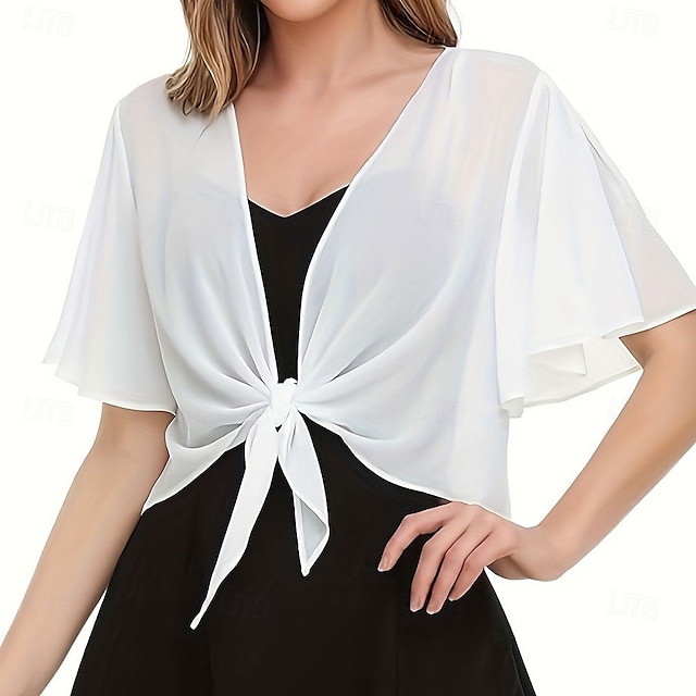  Vrouwen Wikkel Elegante Zonnebescherming Korte Mouw Chiffon Bruiloft Wikkels Met Effen Kleur Voor Bruiloft Zomer