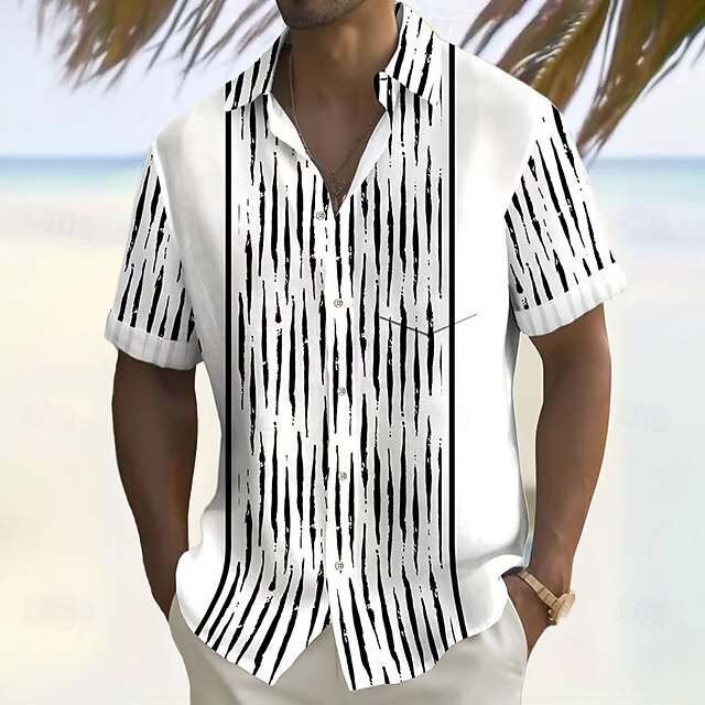 Men's Geometric Striped Shirt Casual Shirt Button Up Shirt Short Sleeve Fashion Casual Vacation Holiday Streetwear Summer Turndown 3D Print Front One Pocket Linen Like Shirt White4