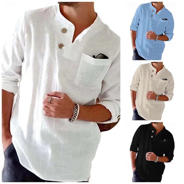  Per uomo Camicia Camicia di lino Camicia popover Camicia Estiva Abbigliamento da spiaggia Camicia button-down Tinta unica Vacanza Streetwear Nero Bianco Blu Cachi Manica Lunga Collo alla coreana