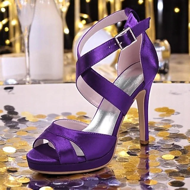 Women's Purple Satin Strappy High Heels – Platform Cocktail Sandals with Buckle Closure for Evening Parties and Weddings 16