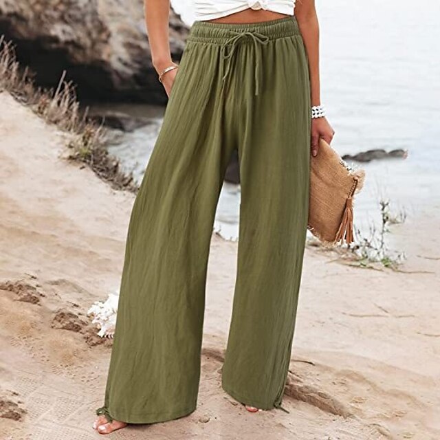 Women's Wide Leg Chinos Baggy Pants Vacation Vintage Basic Full Length High Waist Plain Pocket Elastic Waistband Comfy Soft Comfortable Micro-elastic Formal Vacation Street Black Green Beige Gray4