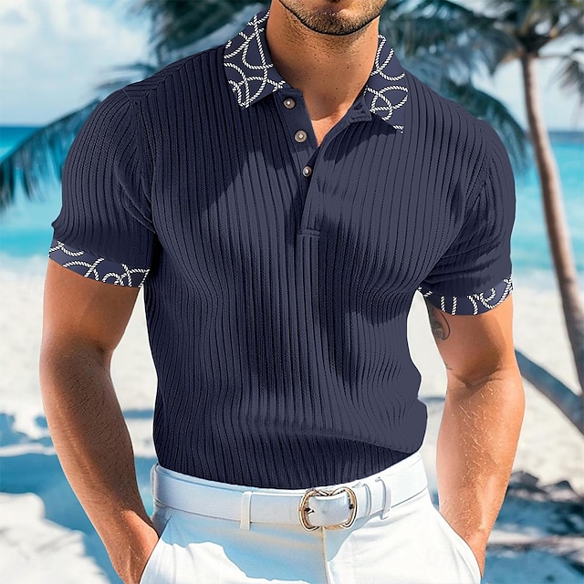  Homens Top de malha canelada camisa muscular Trabalho Casual Lapela gola pólo com nervuras Manga Curta Básico Moderno Bloco de cor Botões Tricotado Verão Primavera Verão Fino Branco Vinho Azul