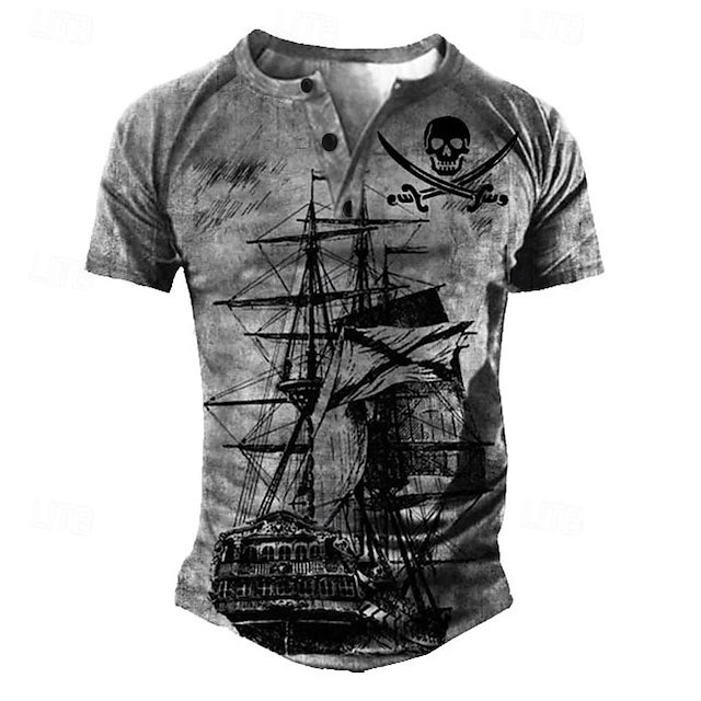 Men's T shirt Tee Henley Shirt Tee Graphic Skull Henley Yellow Blue Green Dark Gray 3D Print Sailboat Plus Size Outdoor Daily Patchwork Button-Down Clothing Apparel Designer Stylish Vintage Basic 6