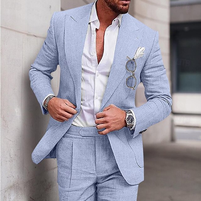  Pour des hommes Mariage Plage Costumes en lin vert pois Bleu Ciel Couleur Unie Coupe sur mesure 2 pièces Simple boutonnage un bouton