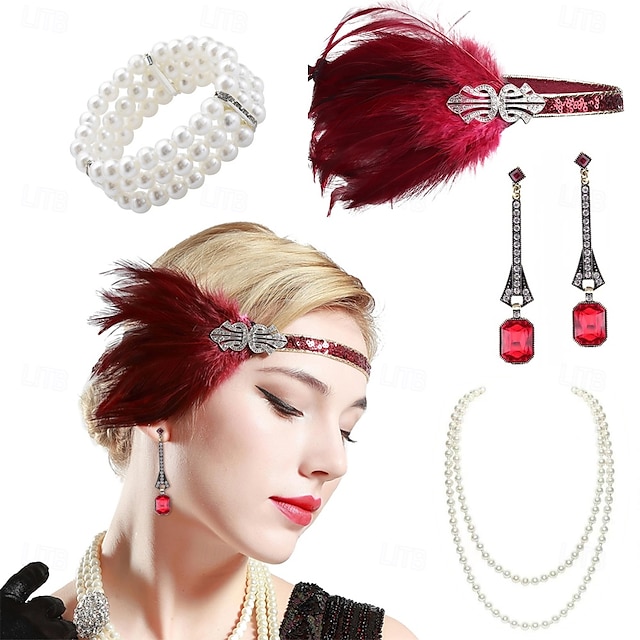  1920-as évek A nagy Gatsby Flapper fejpánt Gyöngyös karkötő Fülbevaló A nagy Gatsby Toll Retro Csillogó glitter Női Farsang Valentin nap Álarcos mulatság Party estélyi viselet Álarcos mulatság