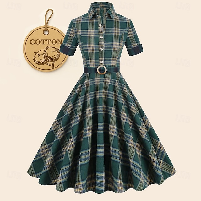  Retro Vintage 1950er Rockabilly Midlänge Kleid Swing-Kleid Ausgestelltes Kleid Kariert Damen Maskerade Maskerade Date Junggesellinnenabschiedsparty Erwachsene Kleid Abschlussballkleider Frühling