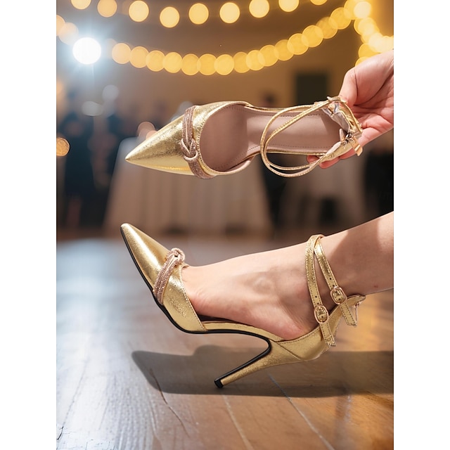  tocuri stiletto cu vârf ascuțit metalic auriu pentru femei – pantofi de bal dublu cu bretele pentru petreceri de fete și glam de seară