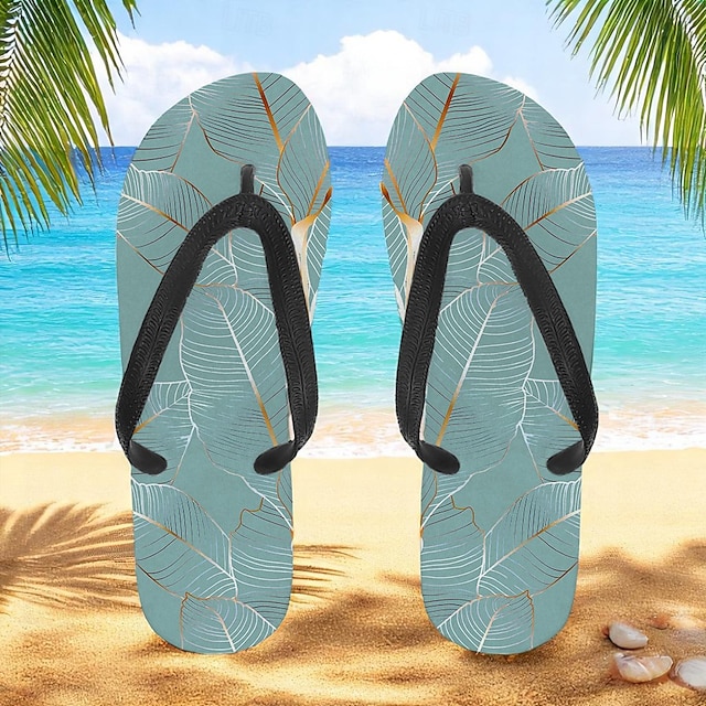  Men’s Blue Leaf Printed Flip Flops – Tropical & Stylish Style for Beach Vacations, Island Hopping & Beachside Dinners