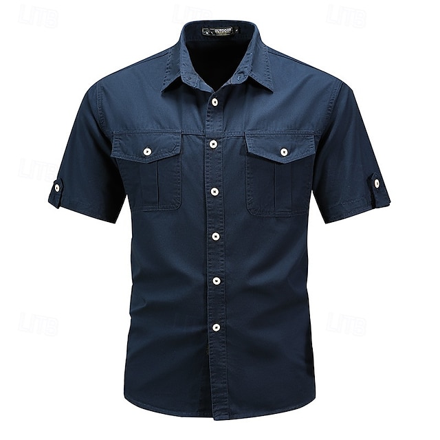  Voor heren Overhemd Zomer overhemd Normaal shirt Overhemd met knopen Cargoshirt Diep Blauw khaki Leger Groen Beige Grijs Korte mouw Effen Overhemdkraag Vakantie Hawaii Zak Kleding 100% katoen Modieus