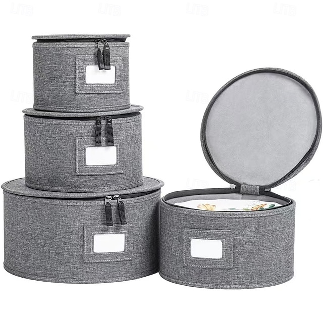  4 Pack Puricon Dinnerware Storage Containers Set, China Plate Storage Bags Protectors for Round Crockery Storage with Felt Plate Dividers -Grey