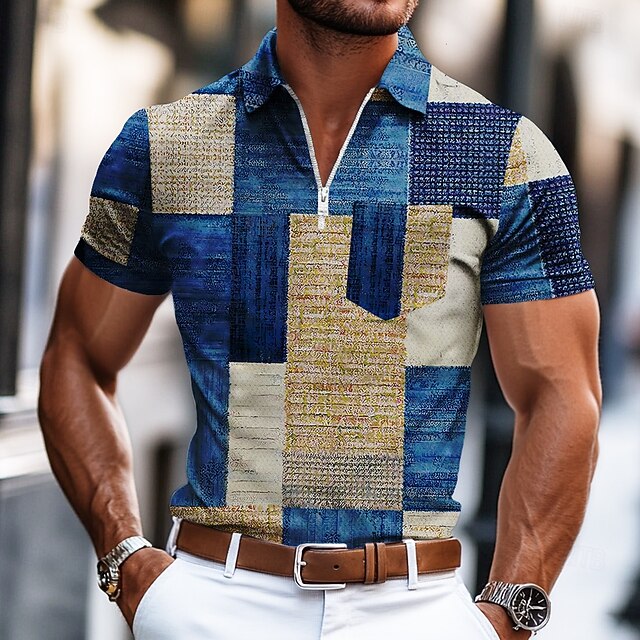 Men's Color Block Zip Polo Short Sleeve Turndown Modern Sports & Outdoor Athleisure Casual Daily Patchwork Pocket Summer Robin's Egg Blue4