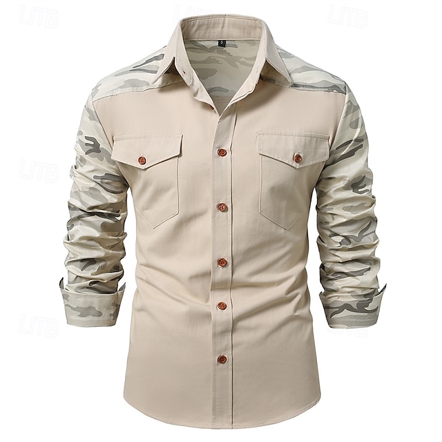  Herren Hemd Arbeitshemden Freizeithemd Arbeitshemd Knopfhemd Cargohemd Schwarz Grün Beige Langarm Tarnung Umlegekragen Outdoor Täglich Fronttasche Bekleidung Mode