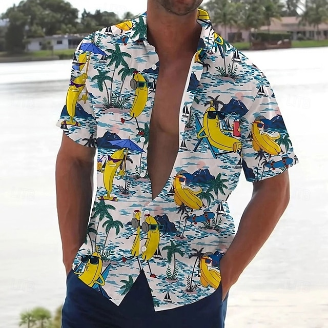  Bărbați Copac de cocos Amuzant Banană Cămașă Cămașă hawaiană Camașă cu nasturi Manșon scurt Hawaiană Vacanță Concediu Costum de plajă Vară Primăvară Răsfrânt Imprimare 3D cămăși cu guler Bej