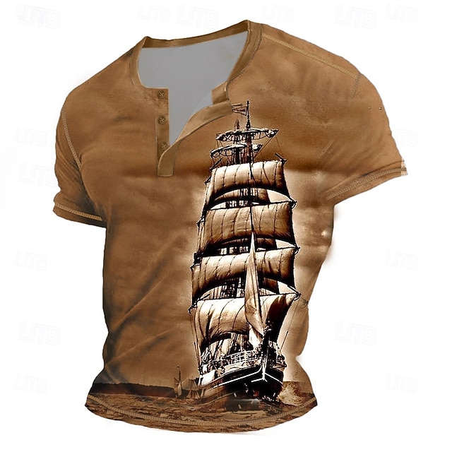 Herre Årgang Seilbåter Henly-skjorte T-skjorter Kortermet Årgang Mote Designer utendørs Avslappet Daglig Sommer Vår & Vinter Mørkebrun Grå Henley Henley T-skjorte