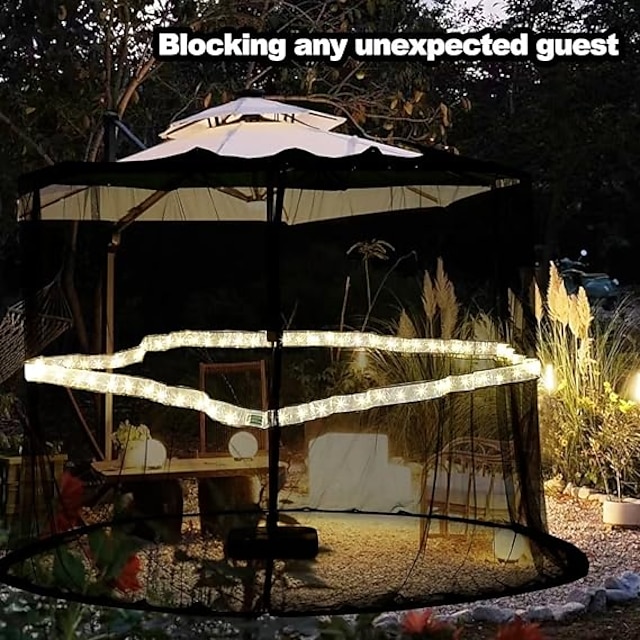 7.5*10ft מנורות רשת מטריות לשמשיות חיצוניות מטריית פטיו רשת נגד יתושים עם נורות רצועת לד חבל מתכוונן מתאים לשמשיות שולחן חיצוניות באורך 9ft (שחור)