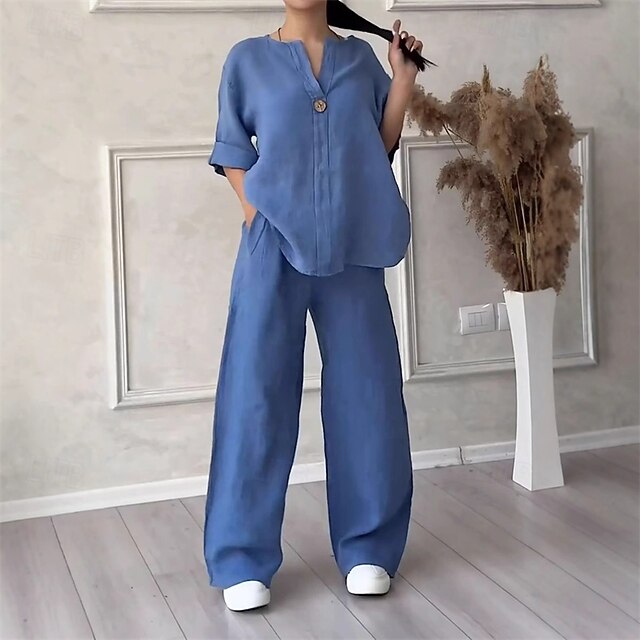 Women's Fashion Streetwear Cotton Linen Sets Two Piece Sets Pants Sets Long Sleeve V Neck Plain Daily Wear Date Black Army Green Navy Blue Summer Regular Fit4