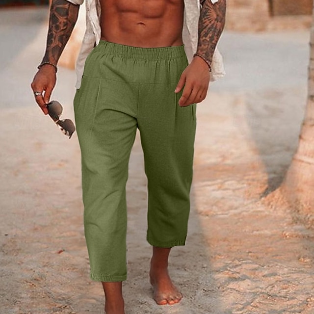  Voor heren Linnen broek Broek Zomerbroek Strandbroeken Geplooid Elastische taille Recht been Effen Comfort Ademend Enkellengte Buiten Casual Feestdagen Modieus Retro vintage Zwart Marineblauw