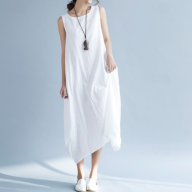  Femmes Robe Longue Maxi Robe Robes en coton et lin Robe Décontractée Mode Extérieur Soirée Fête Coupe régulière Uni Sans manches Col ras du cou Noir Blanche Violet Été