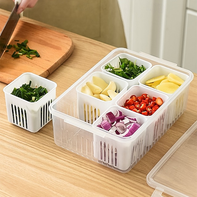  6-in-1 Refrigerator Storage Bin with Lid - Dust-ProokPreservation & Drainage Box for Onions, Garlic, Fruits&More