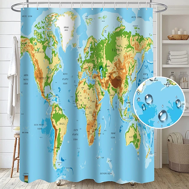 Shower Curtain with Hooks 180cm*180cm(70"*70") Polyester Washable Waterproof World Map Pattern 8