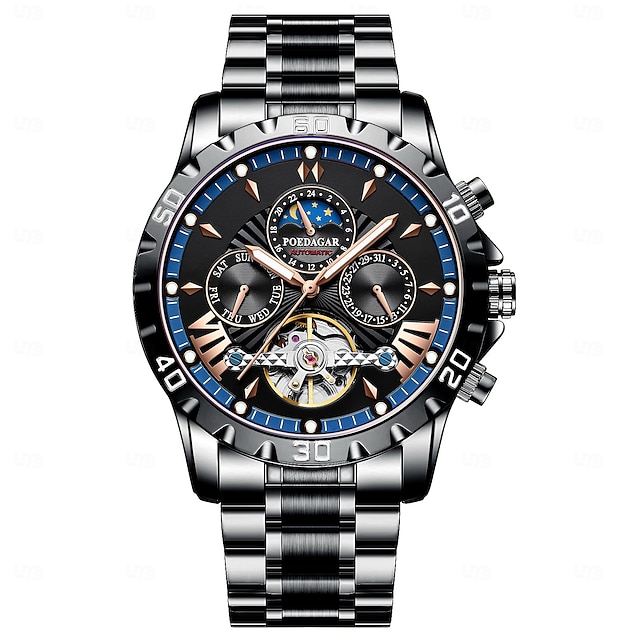  Orologio meccanico automatico di lusso per uomini tourbillon vuoto impermeabile luminescente con data settimana in acciaio inox