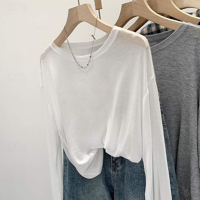  Women's T Shirt Plain Modern Casual Long Sleeve Crew Neck Regular Tops Daily Going out Black White Pink Blue Gray Summer