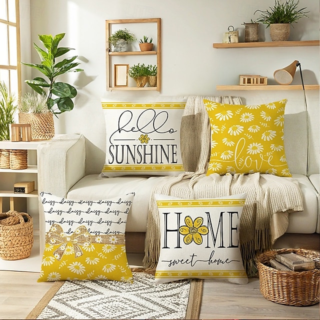  Capas de Almofadas Decorativas para Sofá com Margaridas de Verão 4PC Capa de Almofada Quadrada Macia para Quarto Sala de Estar Sofá Cadeira