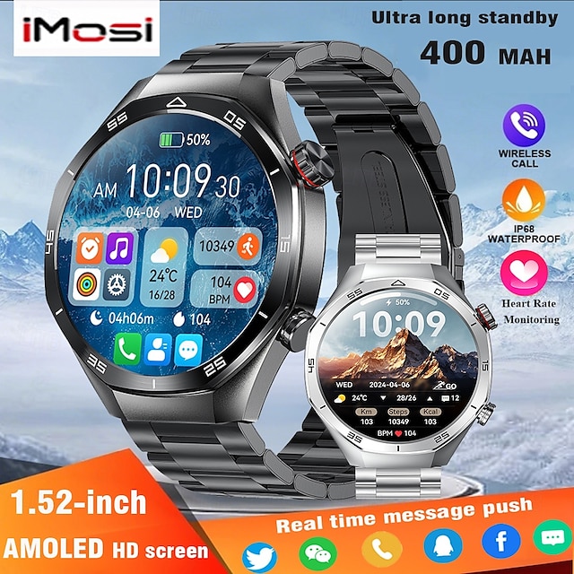  שעון חכם IMOSI לגברים 1.52 שיחת Bluetooth מוזיקה ספורט מודד קצב לב סוללה 400mAh תואם עם Android ו-iOS מתנת יום האב