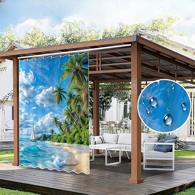  Vízálló Kültéri Függöny Magánélet Tolóteraszos Függöny Pergola Függönyök Fülekkel 3D Táj Tengerparti Kép A Kerti Pavilonhoz Erkélyhez Porchhoz Partira 1 Panel