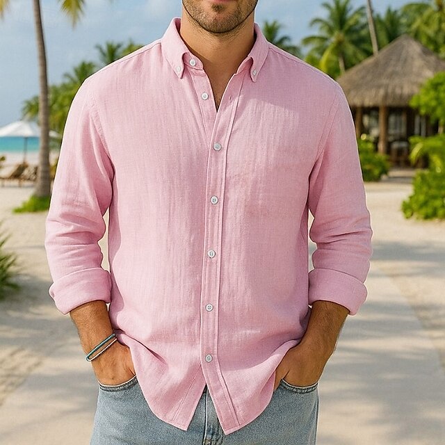 Herren Baumwoll-Leinen-Hemd Einfarbig Urlaub Schwarz Weiß Rosa Dunkelmarine Langarm Revers Bekleidung Button-Down