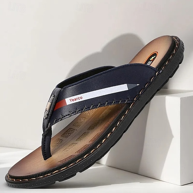  marineblå flip-flop-sandaler i imitert skinn for menn – myke og komfortable med stroppdetaljer, ideell for uformelle sommerdager, avslapning på stranden og ved bassenget