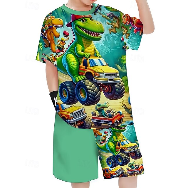  Poikien 3D Dinosaurus T-paita ja shortsit Setti Lyhythihainen Kesä Kevät Urheilu Muoti Päivittäin Lapset 4-12 vuotta Tiukka pyöreä kaula-aukko ulko- Loma Urheilu Räätälöity istuvuus