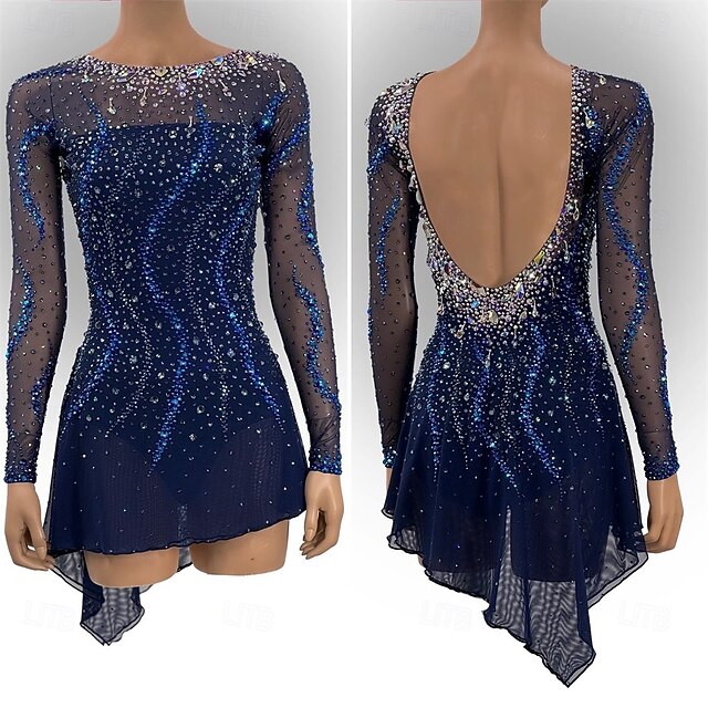 Figure Skating Dress Women's Girls' Ice Skating Dress Navy Thumbhole Open Back Mesh High Elasticity Training Competition Skating Wear Classic Crystal / Rhinestone Long Sleeve Ice Skating Figure2