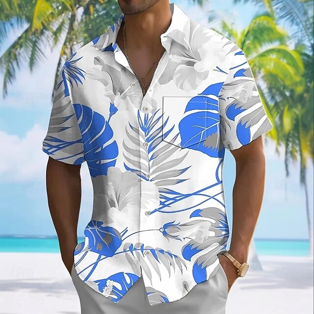 Men's Palm Leaf Tropical Plants Shirt Summer Hawaiian Shirt Button Up Shirt Short Sleeve Hawaiian Vacation Holiday Beach Wear Summer Spring Turndown 3D Print Collared Shirts Front One Pocket White4