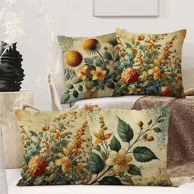  Vintage Pastoral Dekorativa Kuddöverdrag 4PC Mjukt Fyrkantigt Soffkuddöverdrag Kuddöverdrag för Sovrum Vardagsrum Soffa Stolv