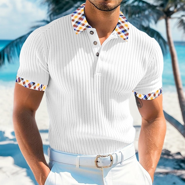  Men's Rib Knit Top Golf Polos Shirts Work Casual Lapel Ribbed Polo Collar Short Sleeve Basic Modern Color Block Buttons Knitted Summer Spring & Summer Slim Fit White Yellow Navy Blue Light Blue Rib