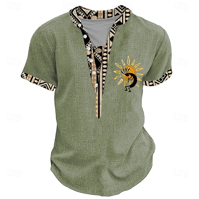  Per uomo Grafico Tribale Maglia Henley Manica Corta Stampa 3D Moda Designer Essenziale Streetwear Casuale Quotidiano Estate Primavera Blu chiaro Nero Verde Cachi Collo alla coreana Maglietta Henley