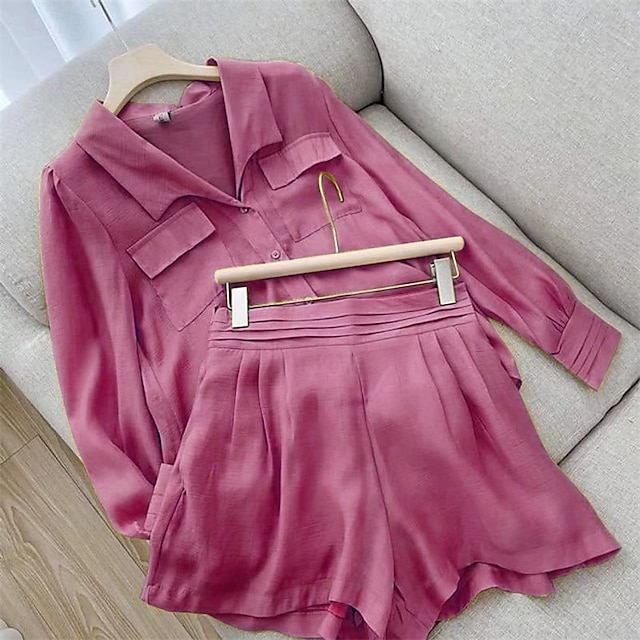  Femmes Mode Streetwear Ensembles en coton et lin Ensembles deux pièces Ensembles de Shorts manche longue Col de chemise Uni Tenue quotidienne Date Bleu Violet Vert Été Coupe régulière